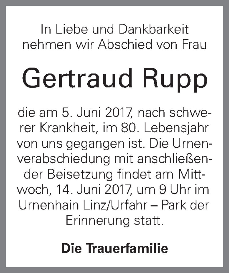  Traueranzeige für Gertraud Rupp vom 10.06.2017 aus OÖNachrichten