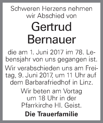 Traueranzeige von Gertrud Bernauer von OÖNachrichten