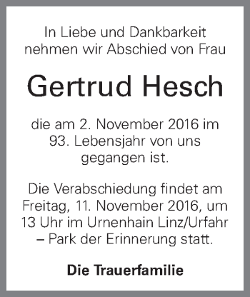 Traueranzeige von Gertrud Hesch von OÖNachrichten