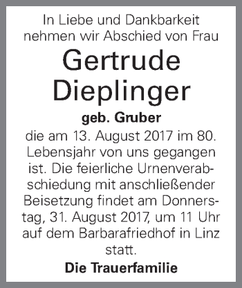 Traueranzeige von Gertrude Dieplinger von OÖNachrichten