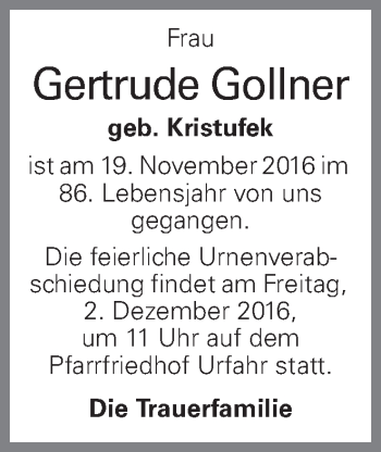 Traueranzeige von Gertrude Gollner von OÖNachrichten