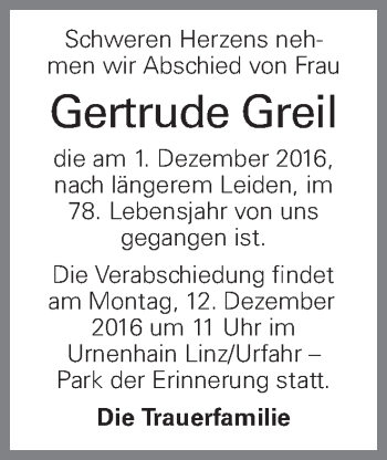 Traueranzeige von Gertrude Greil von OÖNachrichten