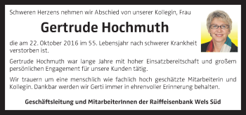 Traueranzeige von Gertrude Hochmuth von OÖNachrichten