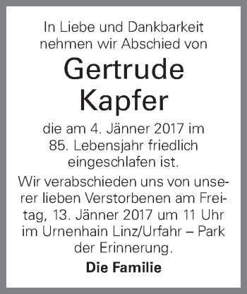 Traueranzeige von Gertrude Kapfer von OÖNachrichten