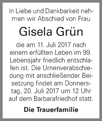 Traueranzeige von Gisela Grün von OÖNachrichten