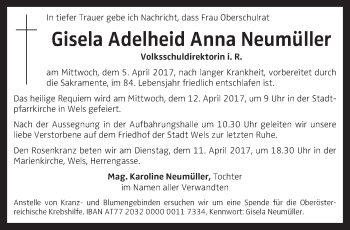 Traueranzeige von Gisela Adelheid Anna Neumüller von OÖNachrichten