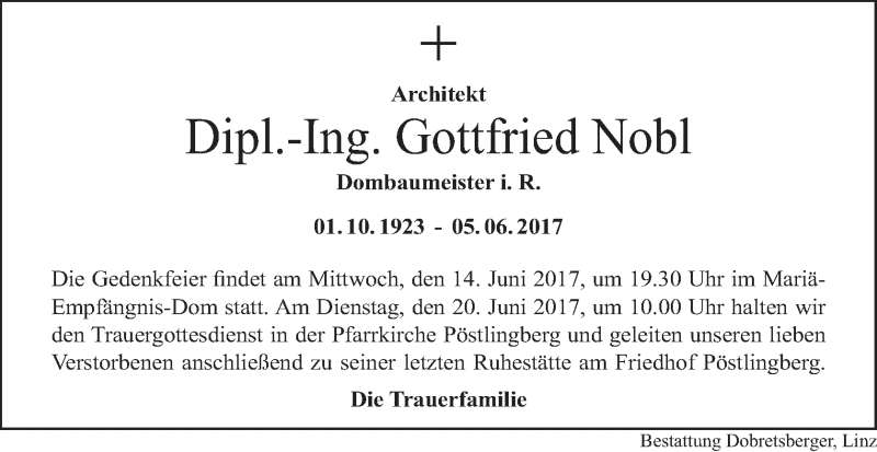 Traueranzeige für Gottfried Nobl vom 10.06.2017 aus OÖNachrichten