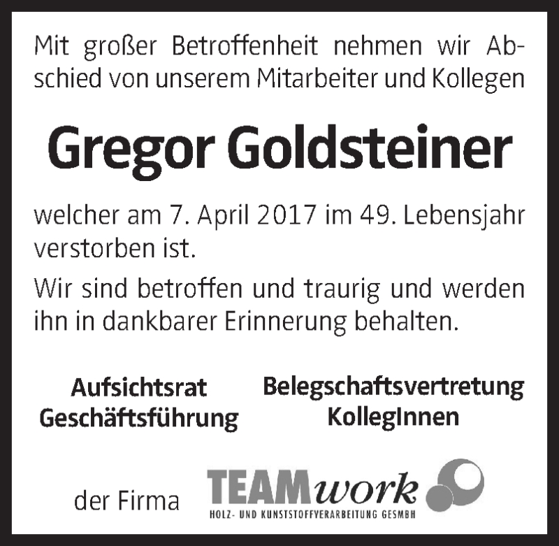  Traueranzeige für Gregor Goldsteiner vom 11.04.2017 aus OÖNachrichten