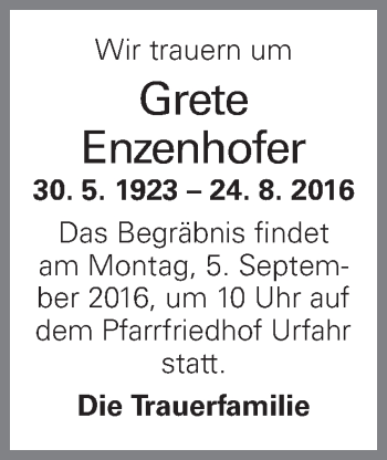 Traueranzeige von Grete Enzenhofer von OÖNachrichten