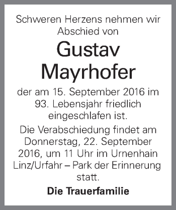 Traueranzeige von Gustav Mayrhofer von OÖNachrichten
