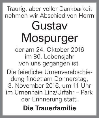 Traueranzeige von Gustav Mospurger von OÖNachrichten