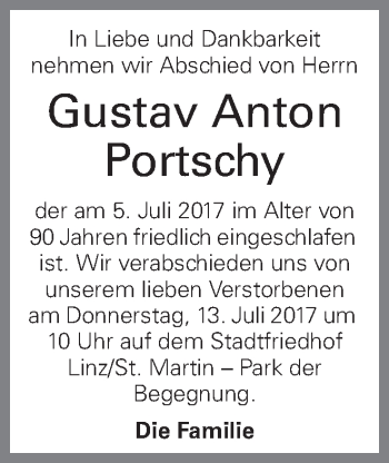 Traueranzeige von Gustav Anton Portschy von OÖNachrichten
