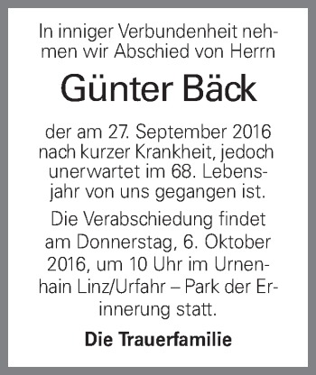 Traueranzeige von Günter Bäck von OÖNachrichten