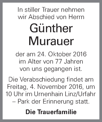 Traueranzeige von Günther Murauer von OÖNachrichten