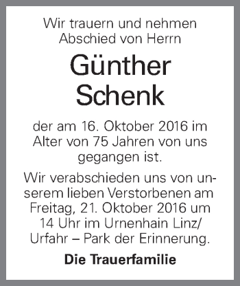 Traueranzeige von Günther Schenk von OÖNachrichten