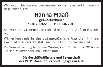 Traueranzeige von Hanna Maaß von OÖNachrichten