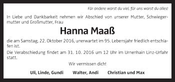 Traueranzeige von Hanna Maaß von OÖNachrichten