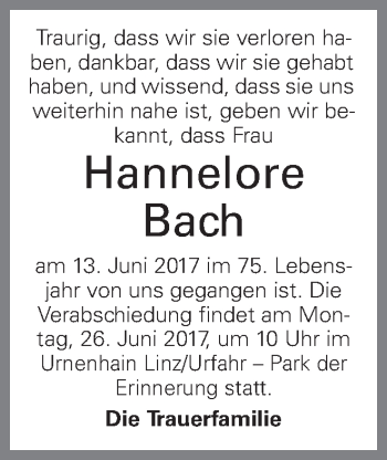 Traueranzeige von Hannelore Bach von OÖNachrichten