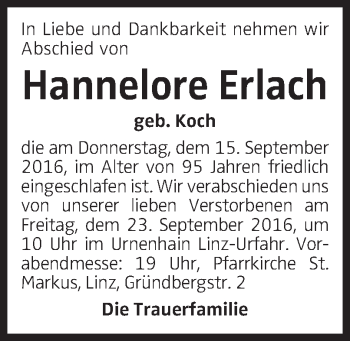 Traueranzeige von Hannelore Erlach von OÖNachrichten