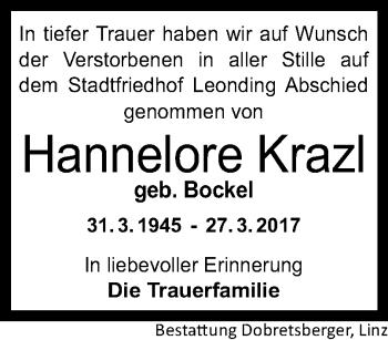 Traueranzeige von Hannelore Krazl von OÖNachrichten