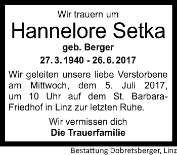 Traueranzeige von Hannelore Setka von OÖNachrichten
