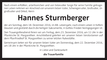 Traueranzeige von Hannes Sturmberger von OÖNachrichten