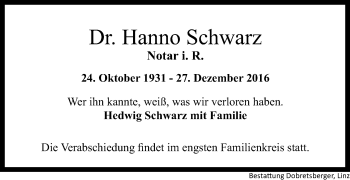 Traueranzeige von Hanno Schwarz von OÖNachrichten