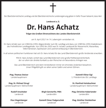 Traueranzeige von Hans Achatz von OÖNachrichten