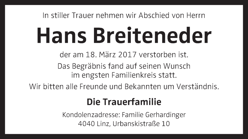  Traueranzeige für Hans Breiteneder vom 30.03.2017 aus OÖNachrichten