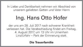 Traueranzeige von Hans Otto Hofer von OÖNachrichten