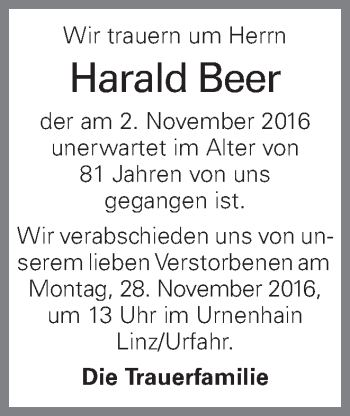 Traueranzeige von Harald Beer von OÖNachrichten