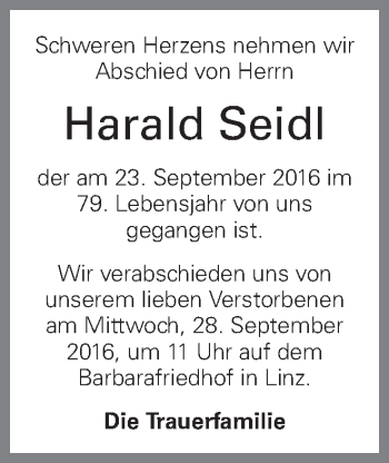 Traueranzeige von Harald Seidl von OÖNachrichten