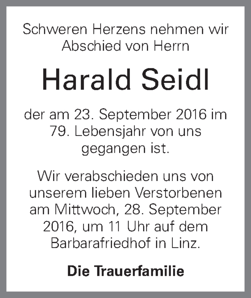  Traueranzeige für Harald Seidl vom 27.09.2016 aus OÖNachrichten