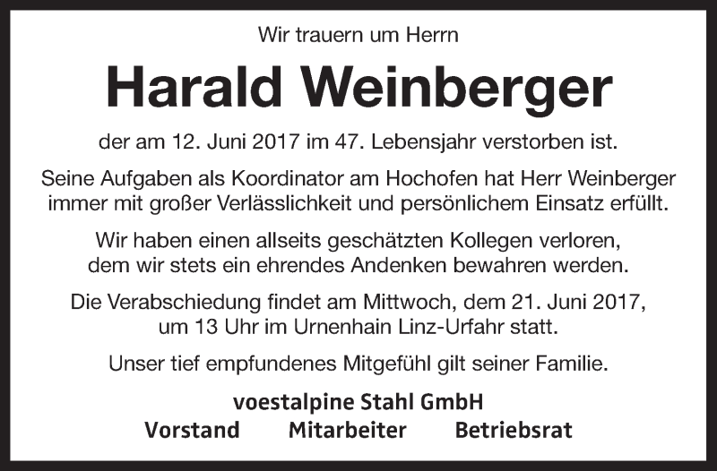  Traueranzeige für Harald Weinberger vom 17.06.2017 aus OÖNachrichten