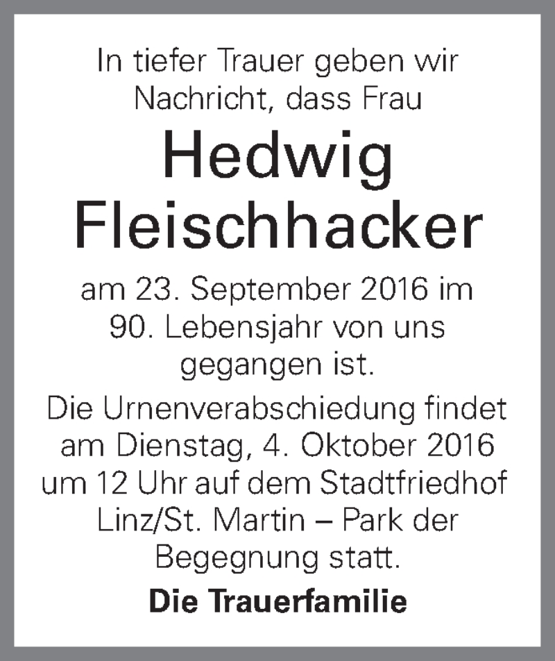  Traueranzeige für Hedwig Fleischhacker vom 29.09.2016 aus OÖNachrichten