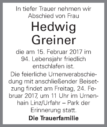Traueranzeige von Hedwig Greiner von OÖNachrichten