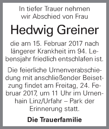 Traueranzeige von Hedwig Greiner von OÖNachrichten