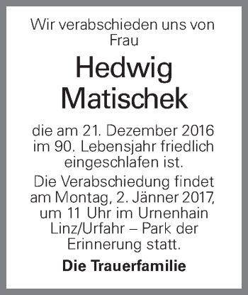 Traueranzeige von Hedwig Matischek von OÖNachrichten