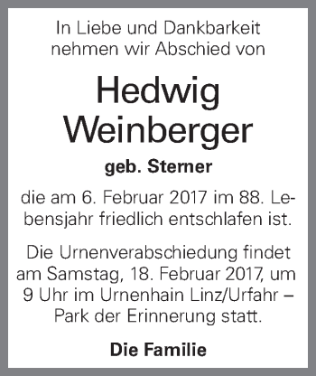 Traueranzeige von Hedwig Weinberger von OÖNachrichten