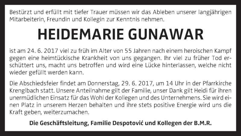  Traueranzeige für Heidemarie Grunawar vom 27.06.2017 aus OÖNachrichten