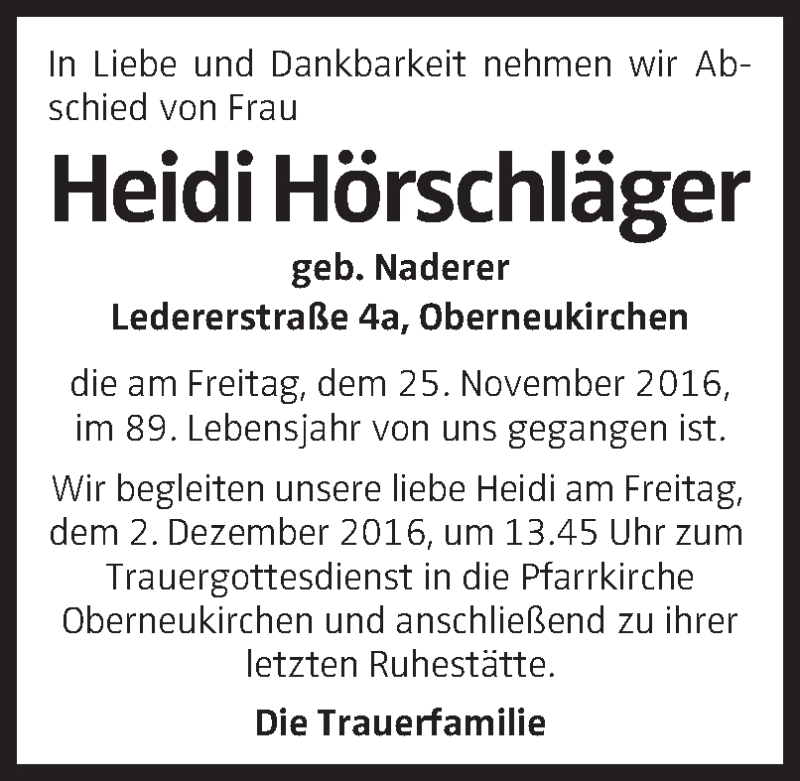  Traueranzeige für Heidi Hörschläger vom 29.11.2016 aus OÖNachrichten