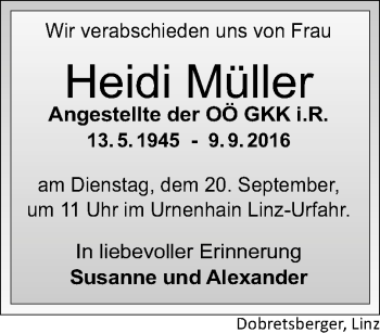 Traueranzeige von Heidi Müller von OÖNachrichten