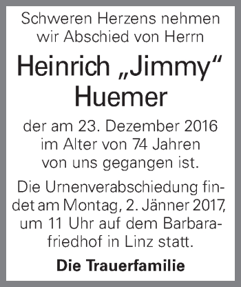 Traueranzeige von Heinrich Huemer von OÖNachrichten