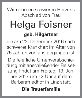 Traueranzeige von Helga Foisner von OÖNachrichten