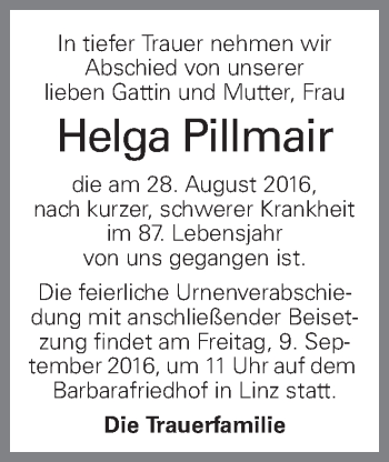 Traueranzeige von Helga Pillmair von OÖNachrichten