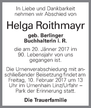 Traueranzeige von Helga Roithmayr von OÖNachrichten