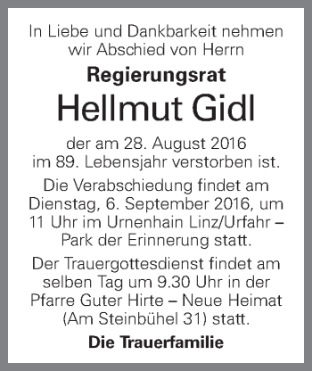 Traueranzeige von Hellmut Gidl von OÖNachrichten