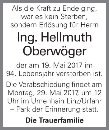Traueranzeige von Hellmuth Oberwöger von OÖNachrichten