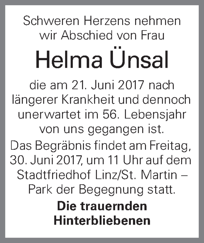  Traueranzeige für Helma Ünsal vom 27.06.2017 aus OÖNachrichten