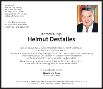 Traueranzeige von Helmut Destalles von OÖNachrichten
